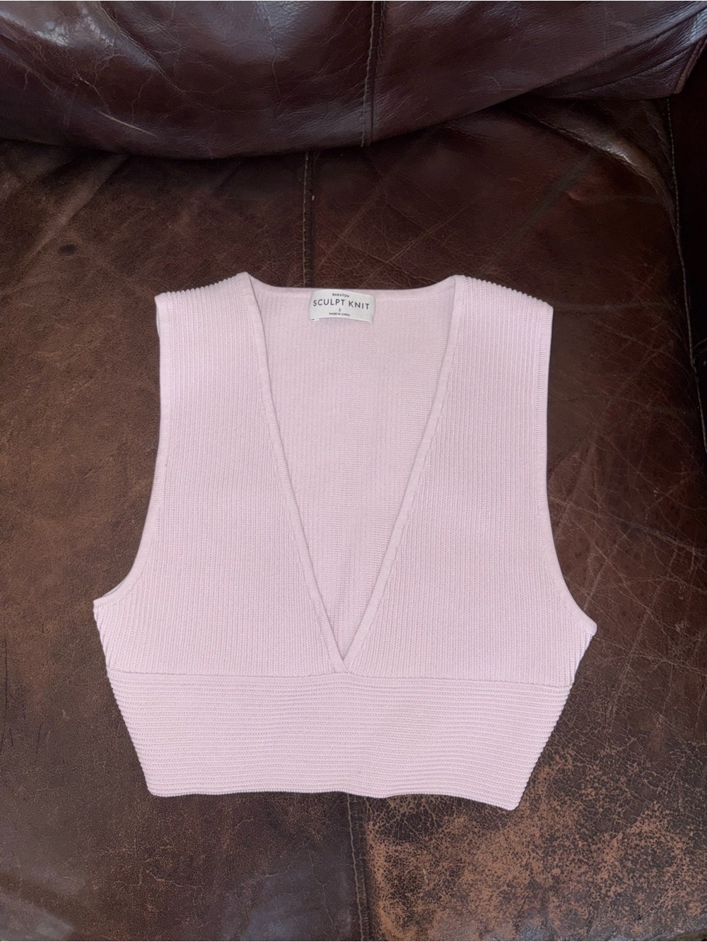 Babaton Pale Pink V-Neck Knit Crop Vest
